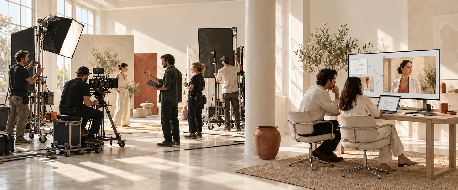 A large film crew with a camera, lighting, equipment and several specialists on set